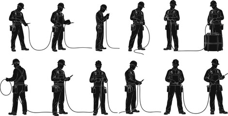 Cable handling silhouette icon set, electrician worker, wire inspection, handheld device, field technician, construction labor, safety process, teamwork activity © MDMAHOMUDUL