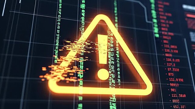 Warning sign with exclamation mark on digital grid background with code data streams flowing around it from top to bottom viewpoint
