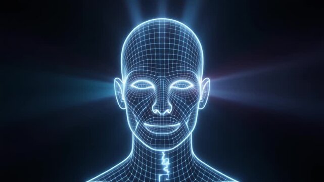 Illuminated wireframe human head symbolizing artificial intelligence, data processing, and the future of digital consciousness, set against a dark, technologically advanced background
