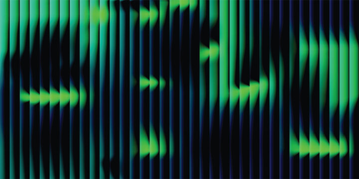 Glass green ribbed texture background with vertical fluted gradient pattern and abstract 3D lines in blue light design