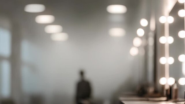 Modern dressing room with illuminated makeup mirrors and soft bokeh lighting creates a glamorous backstage atmosphere. Elegant reflections and blurred lights evoke a sense of luxury and creativity