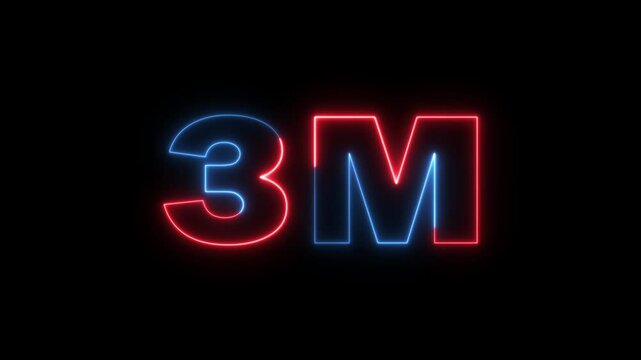 3 Million celebration, social media effect neon glow 3M text animation on black background. 