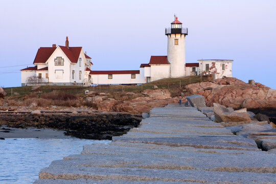 Eastern Point Lighthouse at dusk in Gloucester, Massachusetts