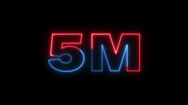 5 Million celebration, social media effect neon glow 5M text animation on black background. 