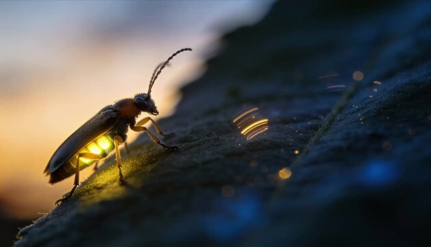 Macro bug life extreme glowing firefly insect detail on forest leaf at dusk with soft bokeh light trail creating magical nature wildlife scene and calm outdoor fantasy mood