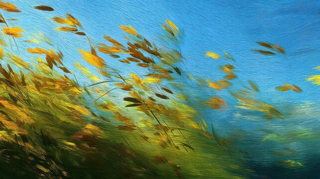 Abstract Impressionist Painting of Blue Sky and Golden Wheat Field with Thick Brushstrokes in Sunlight