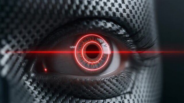 Close-up of a futuristic cybernetic eye with a glowing red digital iris, emanating a laser, embodying advanced artificial intelligence and surveillance capabilities