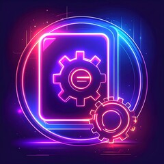A vibrant digital illustration features a neon-lit file icon with a gear and a smaller cog set against a dark, techy background