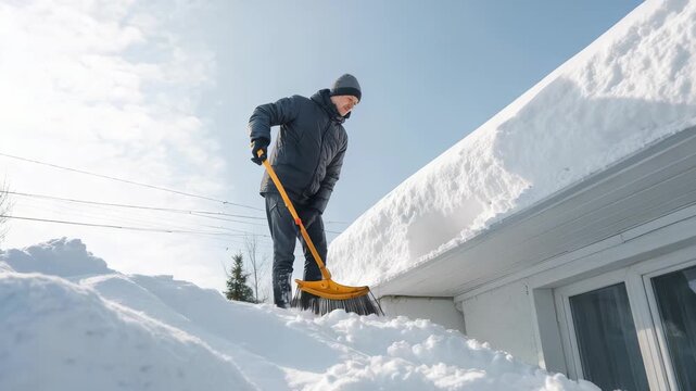Man in winter clothing shoveling heavy snow from a house roof under clear blue sky. Seasonal maintenance and safety precautions during cold snowy weather are essential for home protection