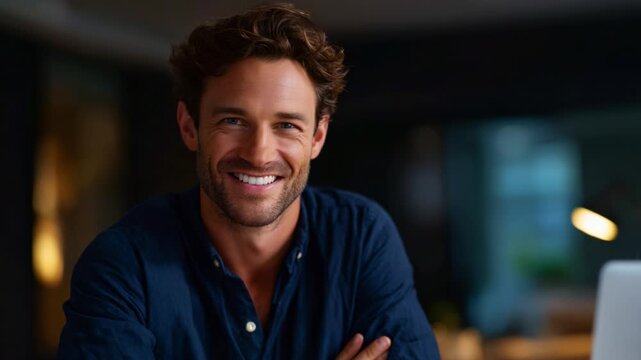A confident man with curly hair and a charming smile exudes warmth and positivity in a cozy indoor setting, capturing the essence of happiness and connection.