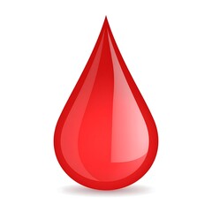 A glistening red droplet with a rounded bottom against white