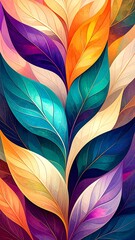A vibrant digital illustration featuring stylized, layered leaves in a spectrum of colors and delicate gold outlines