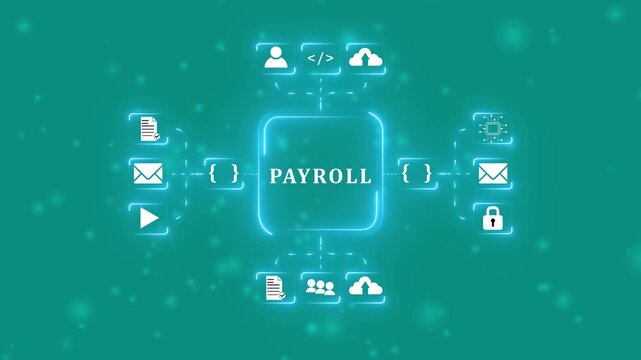 Payroll Management and Financial Processing System. Businessman works on payroll management with icons for payment, efficient payroll operations and employee salaries, scheduling, analysis finance.4k