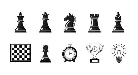 Black and white icons related to chess time trophies and ideas © Agung