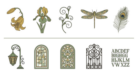 Collection of Art Nouveau style illustrations including flora fauna architectural elements and typography © Agung