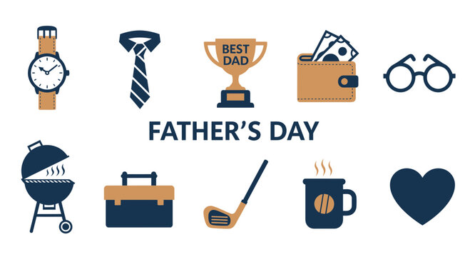 A white background graphic with ten icons related to Fathers Day above and below the text FATHERS DAY