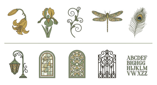 Collection of Art Nouveau style illustrations including flora fauna architectural elements and typography
