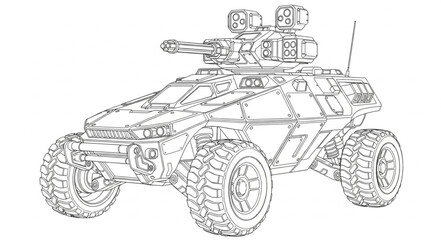 Armored military vehicle with a turret and wheels. © Ceng