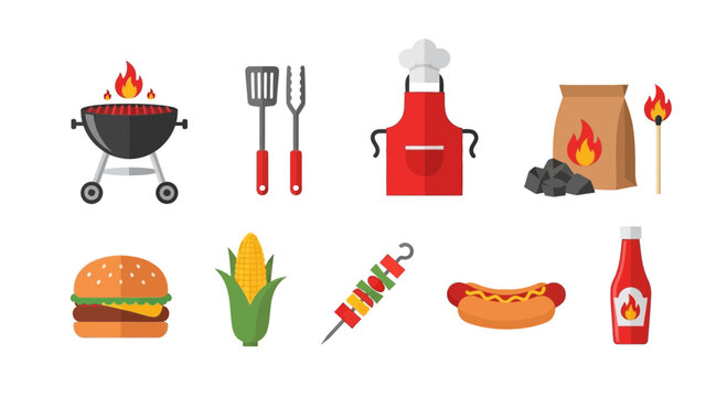 Flat icon set featuring barbecue grill tools food and accessories