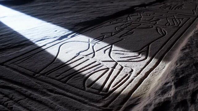 Ancient stone carving with intricate relief lit by dramatic sunlight