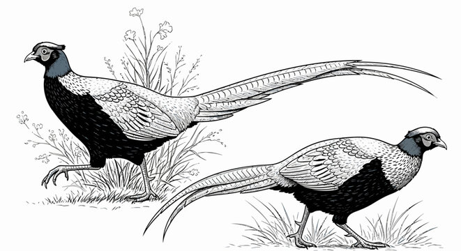 Illustration of two pheasants standing among foliage with detailed plumage and surroundings