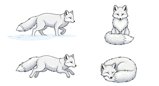 Illustrations of a white arctic fox in various poses and actions, showcasing its fur and movements in a minimalist style