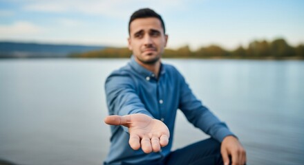 A poignant 4K photograph captures a real employee's empty, outstretched hand by a wide riverbank, looking unseen. 
