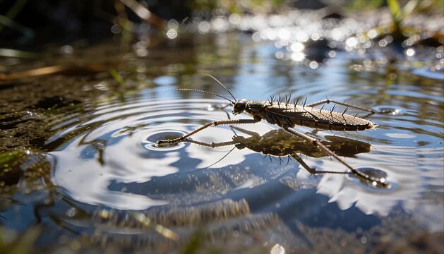 Macro bug life extreme detail water strider reflection ripple pond surface tension nature beauty outdoor focus sunlight wetland insect calm closeup dramatic scene