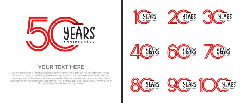 anniversary logo set with red ribbon. red number on white background for celebration moment