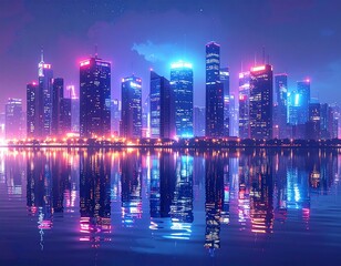 A vibrant digital illustration of a cityscape at night, reflecting brilliantly in the water. Skyscrapers glow in blues, purples, and oranges