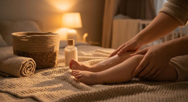 Baby leg massage with lotion, warm evening light at home