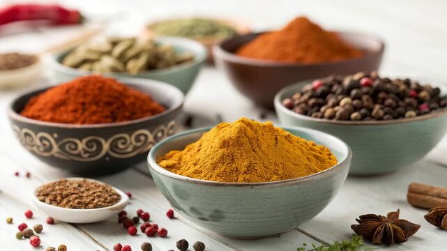 Assortment of Spices in Bowls on Table, Close Up, Stock Media