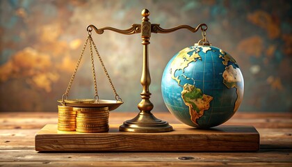 A globe balances against coins on scales of justice, on a wood block