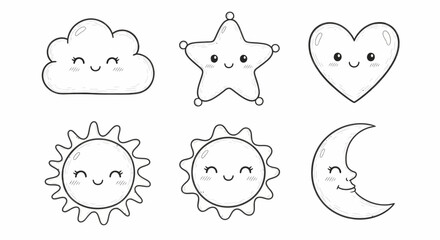 A collection of simple line drawings of celestial elements and emotions in a childlike style.