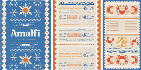 Vintage style travel posters featuring coastal motifs and crab illustrations © krishna