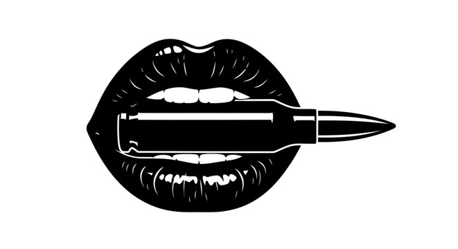Black and White Illustration of Lips Holding a Bullet, Symbolizing Danger and Power