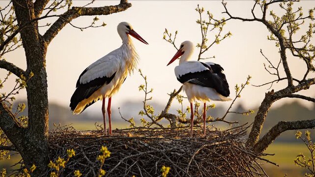 Two white storks in nest with spread wings at sunset