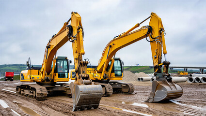 Large Yellow Excavators on Muddy Construction Site, Earthmoving Equipment. ©  Blar Studio