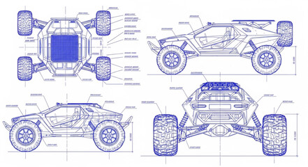 Detailed blueprint schematic of a futuristic off-road vehicle. © Suci