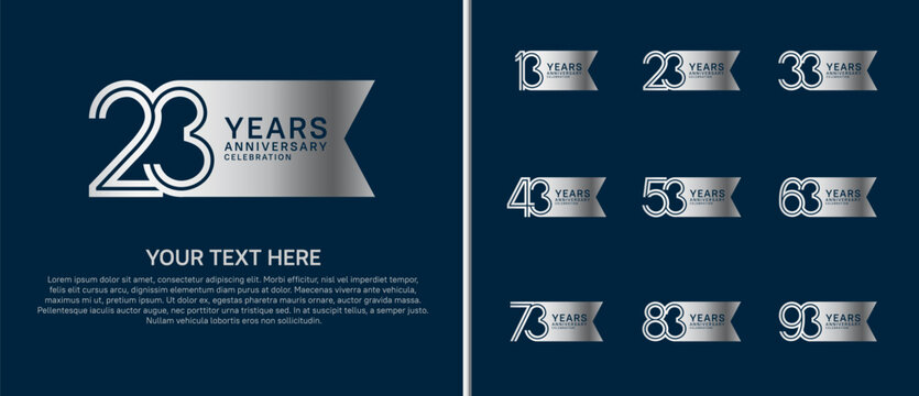 anniversary logo set with ribbon shape. silver color on blue background for celebration moment