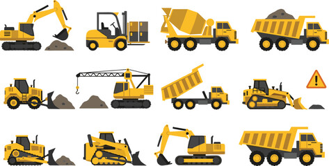 Collection of Yellow Construction Vehicle Vectors, Heavy Machinery Icons, Excavators, Dump Trucks, Forklifts, and Bulldozers for Industrial Building Site Equipment Design. © jesmin