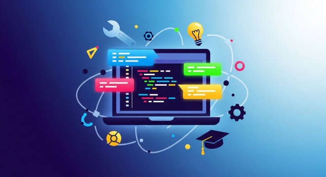 E learning coding illustration with laptop graduation cap and colorful chat bubbles on blue background