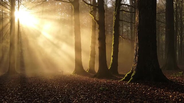 Majestic sunbeams pierce through the dense forest canopy illuminating morning fog swirling around ancient tree trunks on the leaf covered ground during sunrise.