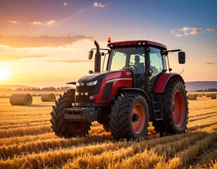 Obraz premium A red tractor in a field at sunset with hay bales