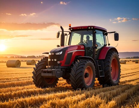 A red tractor in a field at sunset with hay bales