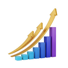 Golden arrow growth chart with colorful bars isolated on transparent background