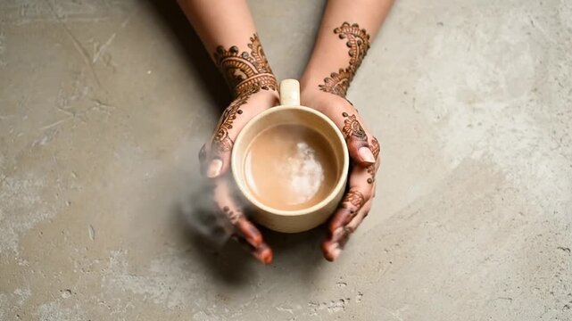 Overhead view of hands adorned with henna holding a steaming cup of chai tea, symbolizing warmth and tradition.