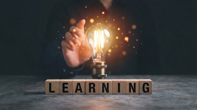 A human hand extends towards a warmly glowing old-fashioned light bulb, which is prominently placed above wooden blocks that spell the word "LEARNING" on a dark surface.