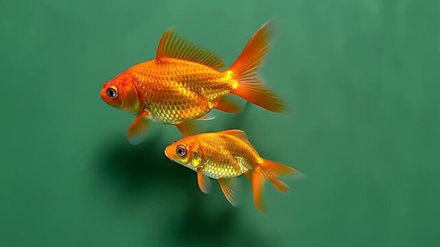 Two orange goldfish swimming in a green environment
