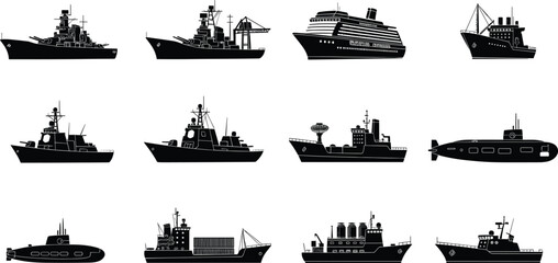 Military and Civilian Ship Silhouette Vector Set, Battleship, Submarine, Cruise Liner, Cargo Vessel, Naval Warship Icons, Maritime Transport Symbols, Isolated © jesmin